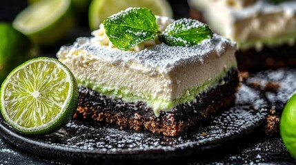 Wall Mural -   A close-up photo of a cake on a plate, decorated with a lime and mint garnish