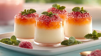 Wall Mural -   Three small desserts rest atop a plate; adorned with mint sprinkles and fresh raspberries