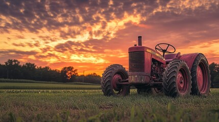 Vintage Red Tractor Against a Colorful Sunset Sky