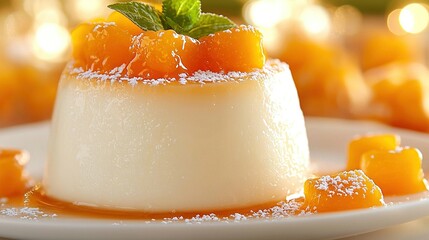   A white plate holds a dessert dusted with powdered sugar and adorned with a mint leaf