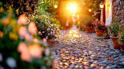 Canvas Print -   Sun shines down on cobblestone street with pots on either side