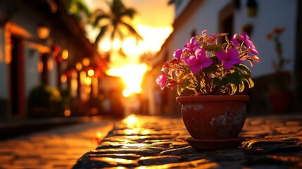   A potted plant rests atop a cobblestone street alongside a building as the sun descends behind it