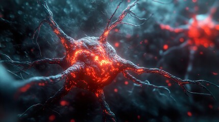 Wall Mural - glowing neuron: a microscopic journey into the brain