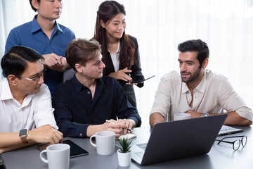 Canvas Print - Group of diverse office worker employee working together on strategic business marketing planning in corporate office room. Positive teamwork in business workplace concept. Prudent