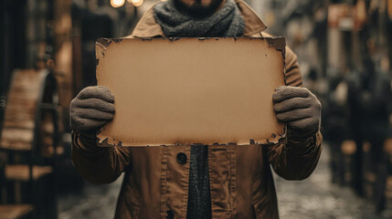 Canvas Print - A man in a brown jacket holds a worn, brown sign.