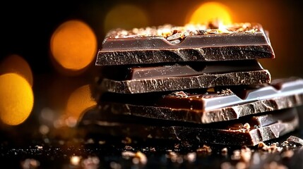 Wall Mural -   A pile of chocolate bars rests atop a table beside a yellow and black light booth