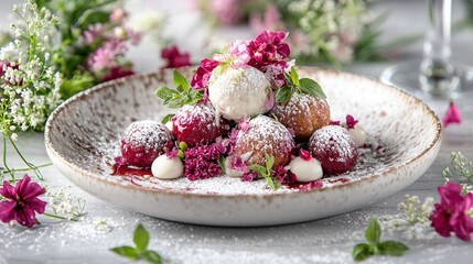 Wall Mural -   Bowl with fruit, powdered sugar, and flowers on table, glass of wine nearby