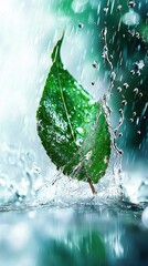 Wall Mural -  A green leaf bobbing on water with droplets cascading from its edges