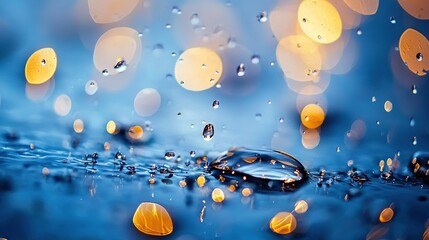 Wall Mural -   A drop of water rests atop a blue background surrounded by circles of yellow and white raindrops