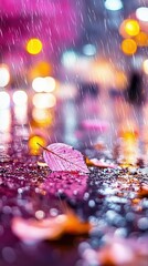 Wall Mural -   A detailed image of a damp leaf on a slick surface, surrounded by out-of-focus streetlights in the background