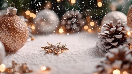 Wall Mural -   A close-up image of a snowy landscape, featuring a Christmas ornament and a pinecone in the foreground