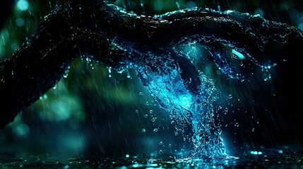 Wall Mural -   Close-up of water splashing on a body of water, surrounded by blue and green lights