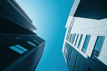 Urban architecture, skyscrapers, modern buildings, blue sky, upward view of two tall buildings with contrasting facades and large windows, vibrant colors reflecting light