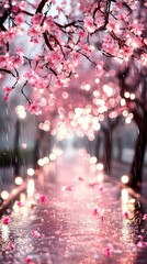 Wall Mural -  A tree adorned with numerous pink flowers stands beside a rain-soaked street strewn with more pink blossoms