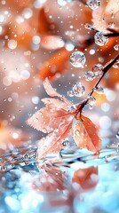 Wall Mural -   A leaf on a water surface with droplets Background blurred