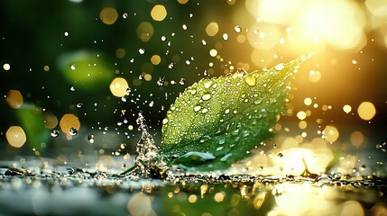 Wall Mural -   Green leaf on wet surface with water drops in sunlight