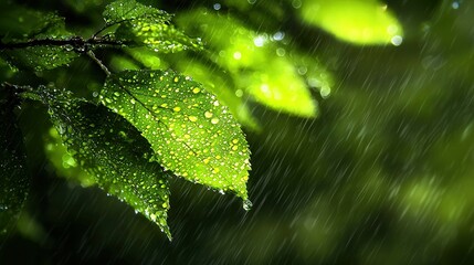 Canvas Print -   A green leaf with water droplets on it and a blurred background of leaves