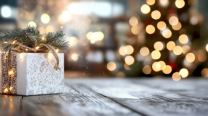 Wall Mural -   White gift box with gold bow on Christmas tree against blurred light background