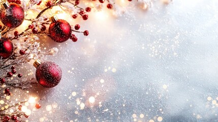 Wall Mural -   A cluster of red ornaments sits atop the snowy ground near a fruit-laden tree branch