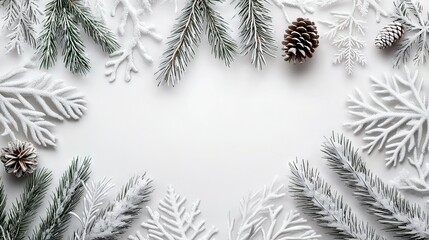 Wall Mural -   Pine cones sit atop snow-covered ground, surrounded by evergreens