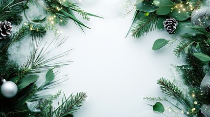 Wall Mural -   A white and green Christmas background featuring evergreen leaves and pine cones to the right side