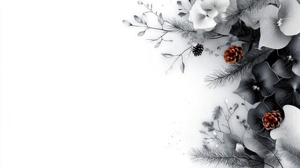 Wall Mural -   White background, black-and-white photo of flowers and pine cones