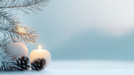 Wall Mural -   Two candles resting on a table with snow-covered pine cones and a nearby pine tree branch