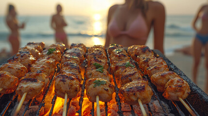 Grilled meat skewers on a barbecue grill with women in bikinis in the background.