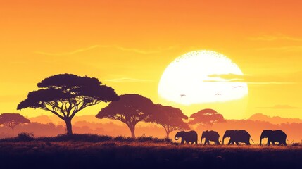 Poster - Silhouettes of Elephants at Sunset in the African Savanna