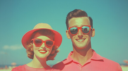 Canvas Print - A young couple in bright red sunglasses and summery outfits smile for the camera.