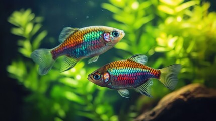 Poster - Two Rainbow Fish Swimming in a Lush Green Aquarium