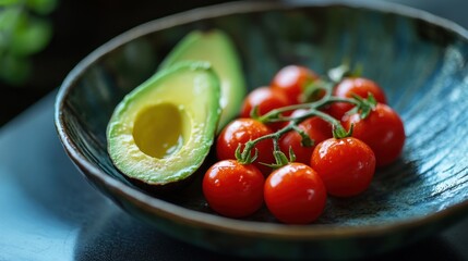 Wall Mural - Fresh Avocado and Cherry Tomatoes on Blue Plate