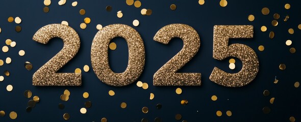 Wall Mural - Celebration of the New Year 2025 with golden confetti on a dark background