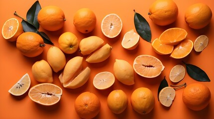 Oval slices on an orange tablecloth. Orange tropical fruits for a creative backdrop set against an orange backdrop. Top view, copy space, and flat lay
