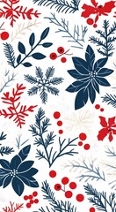 Poster - Colorful winter foliage pattern with red, blue, and cream tones featuring berries and leaves