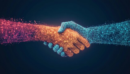 Poster - Digital Handshake on Blue Background Symbolizing Business Partnership and Innovation