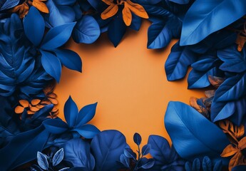 Poster - Decorative blue leaves arranged on an orange background for artistic display or design projects