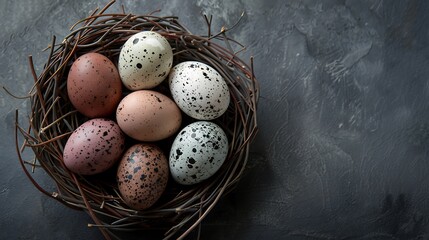 A group of speckled eggs arranged in a nest on a dark gray background