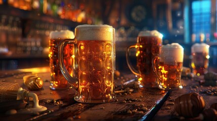 Poster - A collection of beer glasses sitting on a wooden table