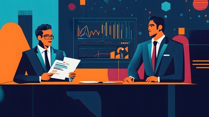 Vector illustration of two businessmen sitting at a table and talking