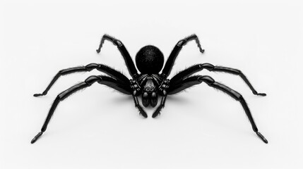 Poster - A single black spider sits on a smooth white surface, highlighting its dark color and intricate details