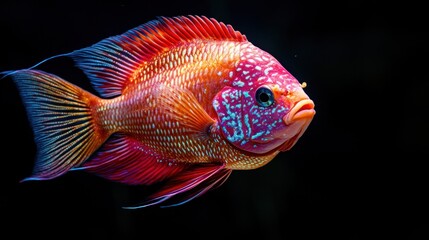 Red and Blue Cichlid Fish Isolated on Black Background