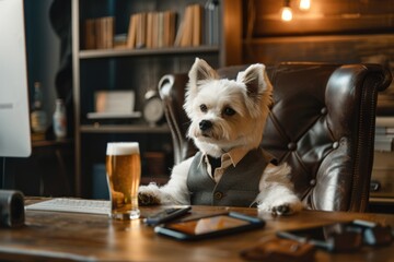 A dog is sitting at a desk with a glass of beer