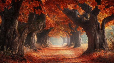 Wall Mural - A tranquil autumn path lined with vibrant orange trees in a serene forest setting