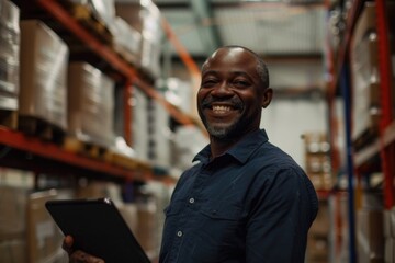 Aufkleber - A person standing in a warehouse holding a tablet computer, suitable for business or technology-related uses