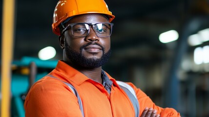 A man in an orange shirt and safety glasses is standing in a factory