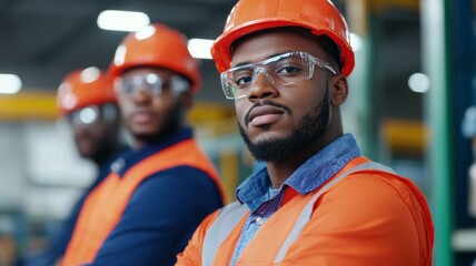 Three men wearing orange safety vests and hard hats stand together