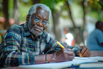 Poster - A person sitting at a table with a pencil, likely working or creating