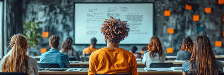 A diverse group of students attentively listen to a lecture in a classroom setting.