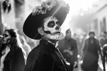 Canvas Print - A person wearing a costume with a skeleton face design, perfect for Halloween or creative projects